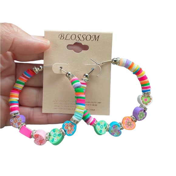 Multicolored Clay Polymer Beaded Hoop Earrings - Picture 4 of 4